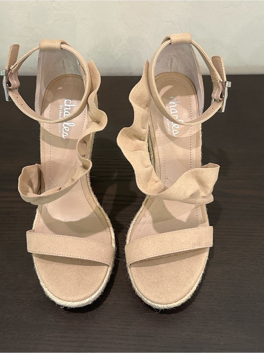 Nude Ruffle Espadrille Ankle Strap Wedge Sandals Charles by Charles David 7.5